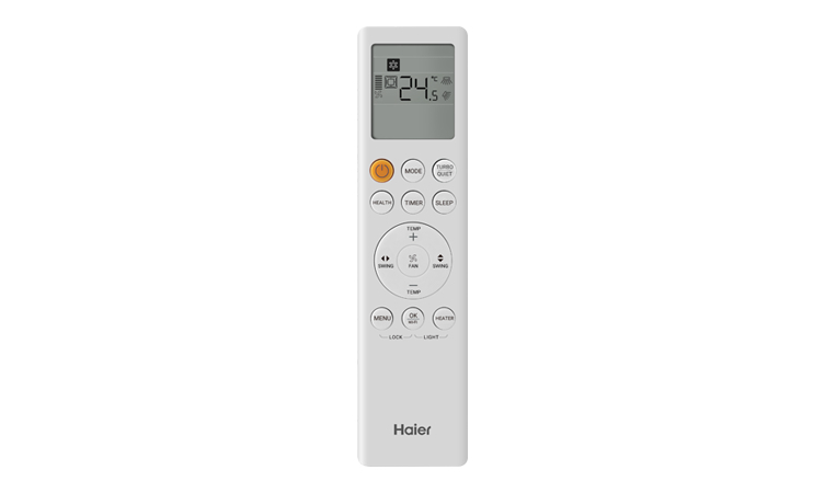 Pilot zdalnego sterowania Haier z wyświetlaczem LCD, wskazującym temperaturę 24,5°C, oraz przyciskami do sterowania trybami pracy, timerem, funkcją Sleep i ustawieniami temperatury